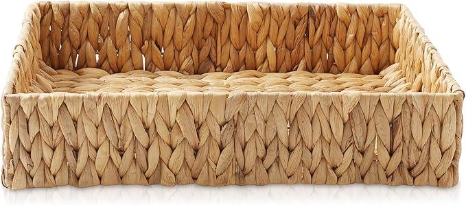 Casafield Set of 2 Bathroom Storage Baskets, Natural - Water Hyacinth, 15.75" W x 11.25" D x 3.25" H, Woven Toilet Tank Topper Bins for Organizing Tissues, Toilet Paper, Toiletries, Shelves - ModernBath