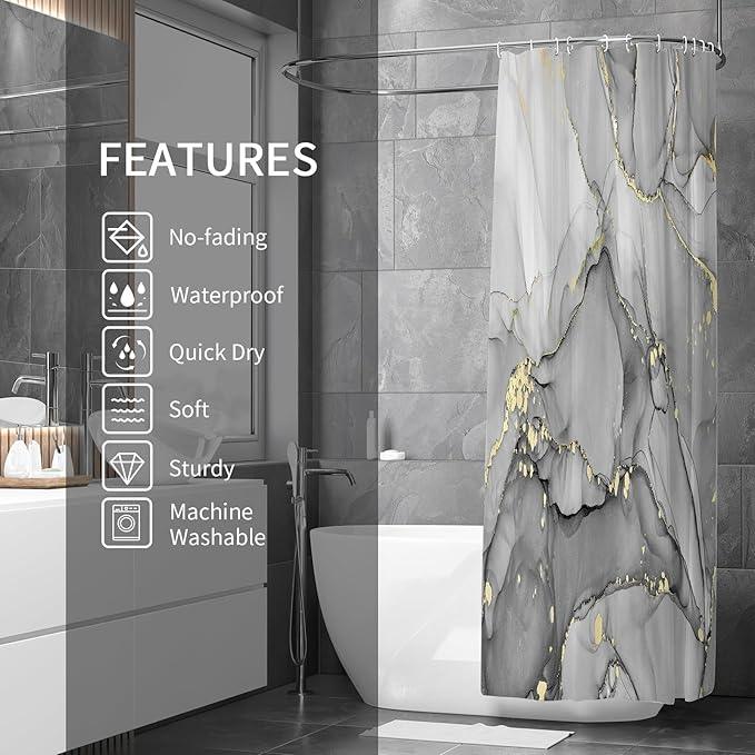 Gibelle Extra Long Shower Curtain 72 x 78, Abstract Grey Marble Fabric Shower Curtain, Modern Ink Art Waterproof Bathroom Shower Curtain Set with Hooks - ModernBath