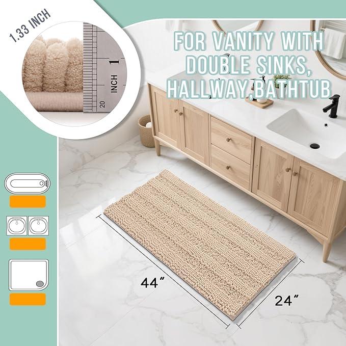 Yimobra Bathroom Rug Mat 44 x 24, Non Slip and Super Absorbent Bath Mat,Machine Washable Quick Dry,Ultra Plush Chenille Shower Rugs for Bathroom Floor Sink Tub and Shower Outside, Beige - ModernBath