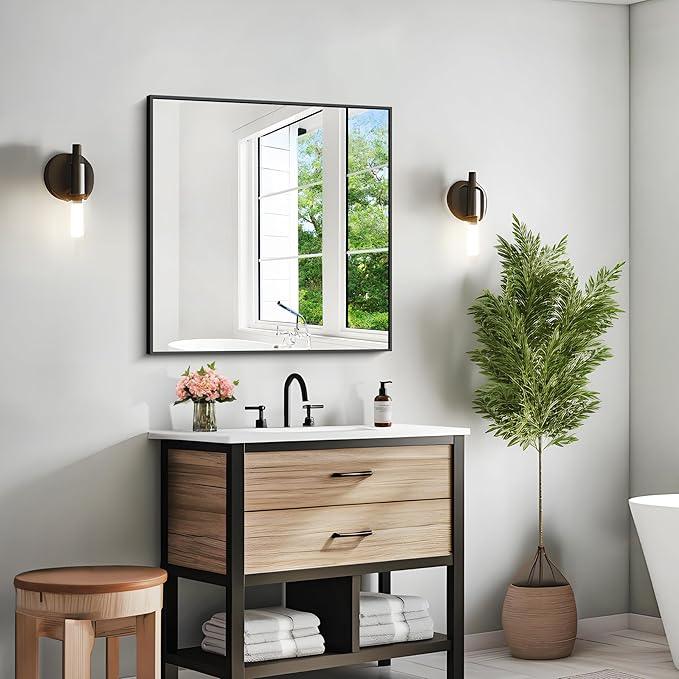 KOCUUY Bathroom Mirror,30x30 Square Black Mirror with Aluminum Metal Frame,Black Vanity Wall Mirror Modern Home Decor for Bathroom, Living Room, Farmhouse and Entryway - ModernBath