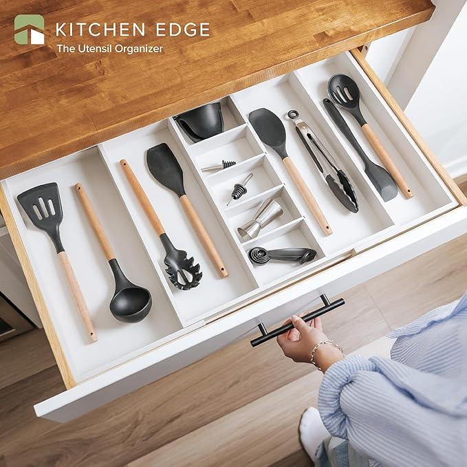 KitchenEdge Adjustable Kitchen Drawer Organizer for Utensils and Junk, Food-Safe Contract Grade with 100% Sustainable Wood, Expandable from 19 to 33 Inches Wide - White Bamboo - ModernBath