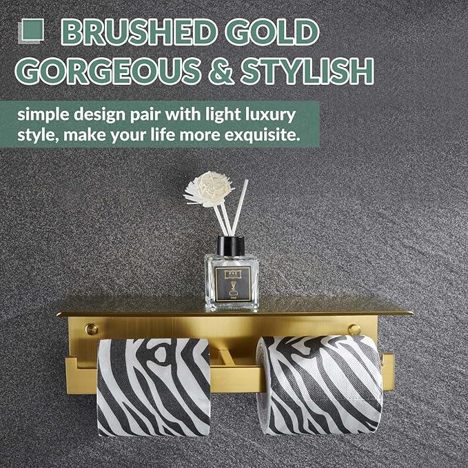APLusee Brushed Gold Double Toilet Paper Holder with Shelf, Heavy Duty 304 Stainless Steel Tissue Holder for Bathroom with Storage, Commercial Paper Roll Dispenser Wall Mounted - ModernBath