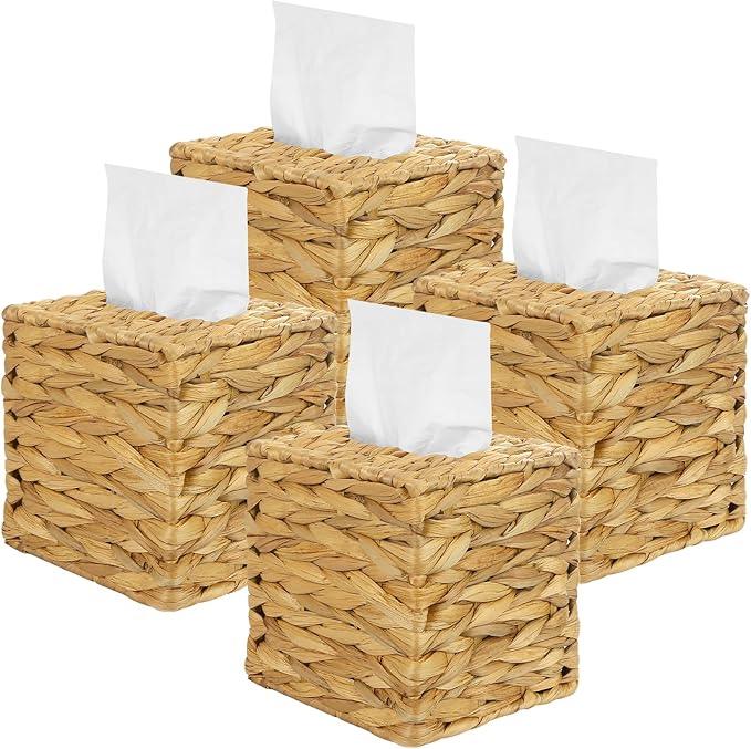 4 Pack Water Hyacinth Tissue Box Cover – Handwoven Rattan Square Holder, Natural Boho Decorative Organizer for Facial Tissues in Bathroom, Living Room, Bedroom & Office - ModernBath