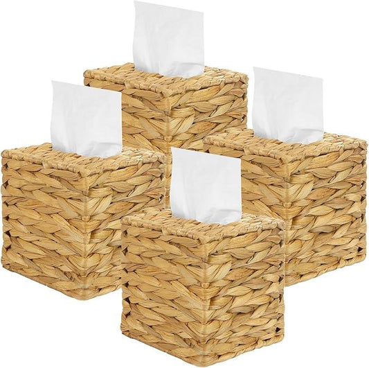 4 Pack Water Hyacinth Tissue Box Cover – Handwoven Rattan Square Holder, Natural Boho Decorative Organizer for Facial Tissues in Bathroom, Living Room, Bedroom & Office - ModernBath