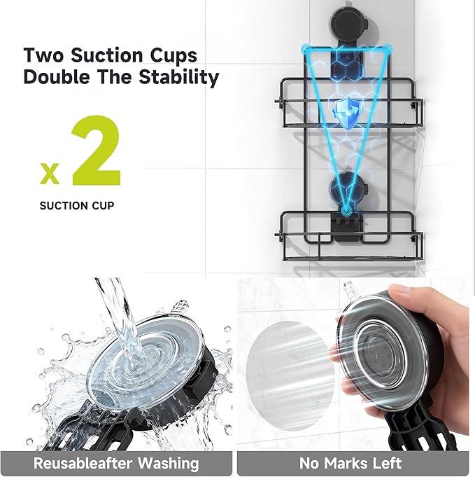 BANGMANG Shower Caddy Suction Cup, 2 Pack Suction Shower Shelf, NO-Drilling Bathroom Holder, Rustproof Bathroom Organizer for 90° Wall Corner, Black - ModernBath