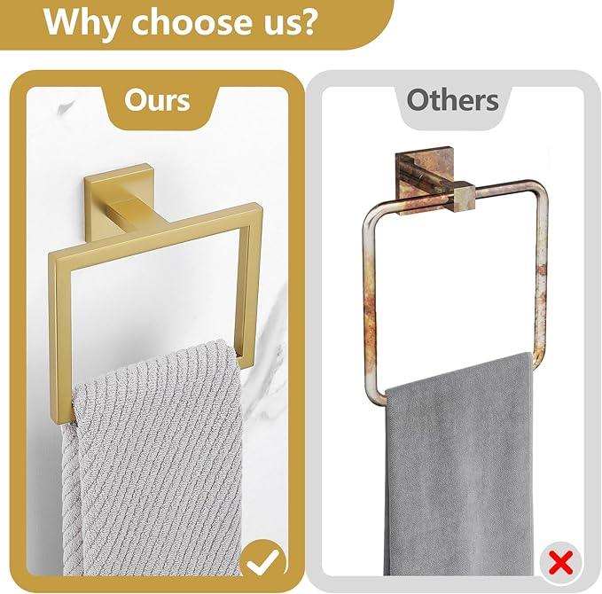 TQKAG 5-Pieces Brushed Gold Bathroom Hardware Accessories Set 23.6" SUS304 Stainless Steel Towel Bar Set Wall Mounted Square Toilet Paper Holder with Shelf - ModernBath