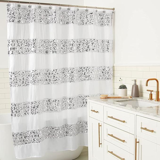 Zahari Home Sinatra Bathroom Shower Curtain Set - 13pc Classic White Shower Curtain & Hooks - Unique Design - ModernBath