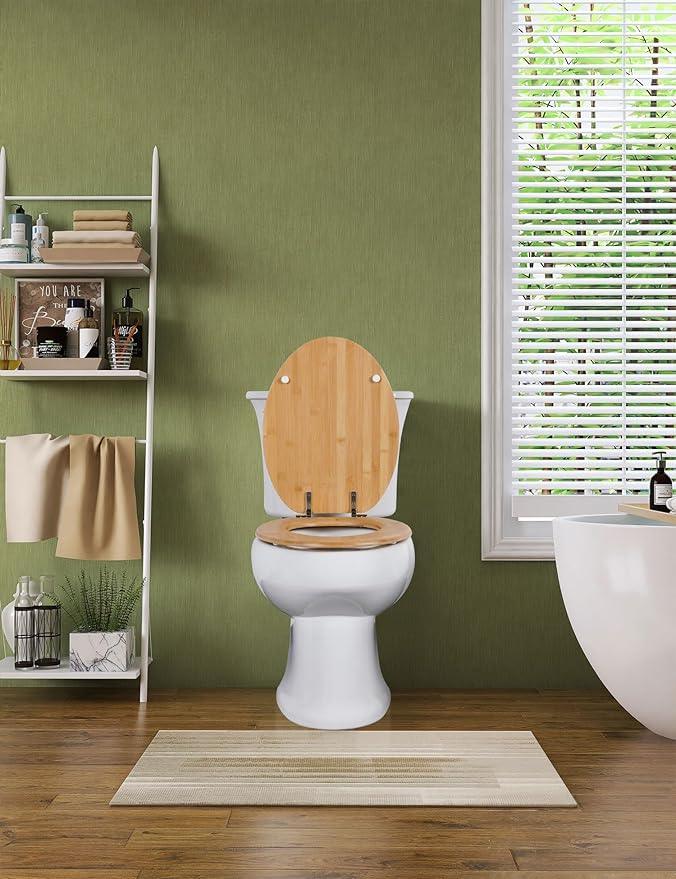 Elongated Bamboo Toilet Seat with Zinc Alloy Hinges, Easy to Install also Easy to Clean, Natural Bamboo, Light, 18.5-inch - ModernBath