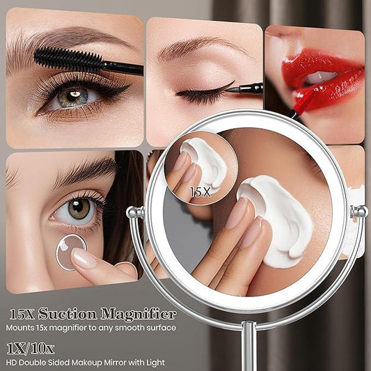 VESAUR Upgraded 11" Large 17" Tall Lighted Makeup Mirror Silver, 1X/10X Dual-Sided Magnifying with 15X Suction Mirror, 3 Color Adjustable Lights, 360° Swivel Dual Power Vanity Mirror, Gift Box - ModernBath