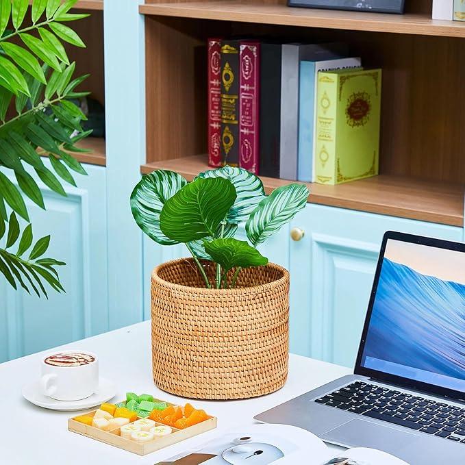 2 Pcs Mini Rattan Bathroom Trash Can Handmade Wicker Waste Basket Small Cylinder Storage Table Baskets for Bathroom Home Bedroom Kitchen Storage Office Desktop Essential - ModernBath
