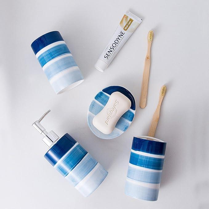 Bathroom Accessories Set, 4-Piece Blue Ceramic Bathroom Decorations Accessories Set, Contain Toothbrush Cup, Soap Dispenser, Soap Dish, Tumbler - ModernBath