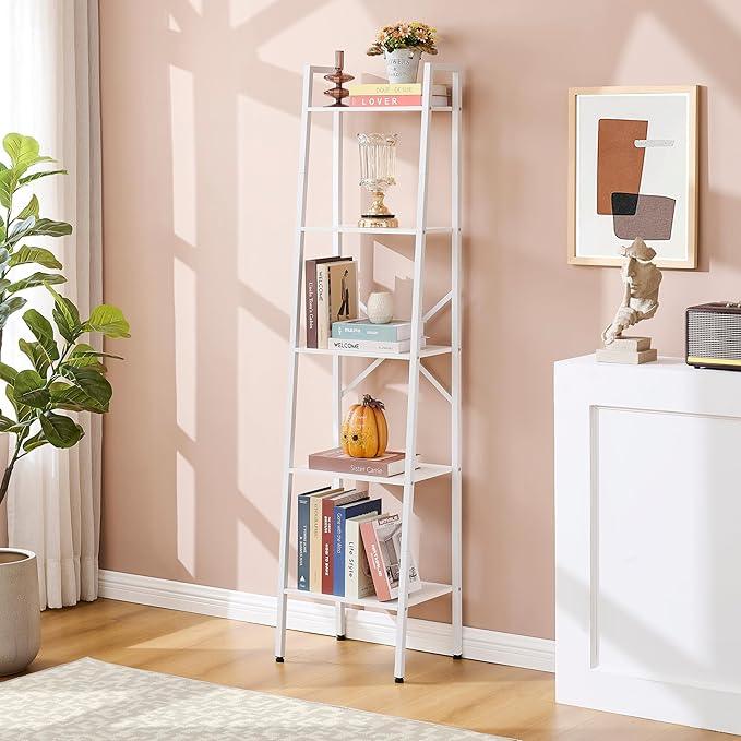 Hoctieon 5-Tier Industrial Ladder Bookshelf, Narrow Ladder Shelf, Tall Standing Bookshelf, Skinny Open Ladder Shelf, for Living Room, Home Office, Kitchen, Bedroom, Metal Frame, White - ModernBath