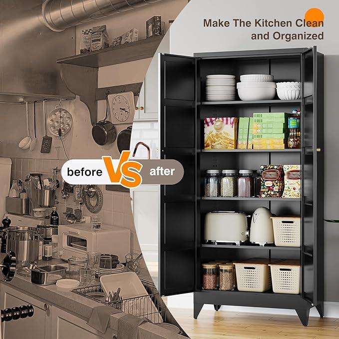 Yizosh Metal Pantry Cabinet,- 72" Black Kitchen Pantry Storage Cabinet with Doos and Adjustable Shelves for Kitchen, Living Room,Dining Room,Home - ModernBath