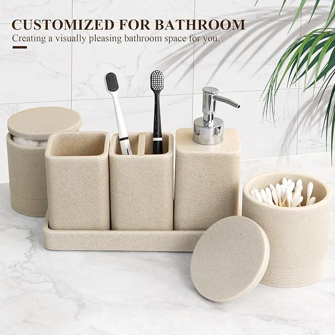 YMXYJM Bathroom Accessories Set, 6 Piece Bathroom Set with Toothbrush Holders, Soap Dispenser, Vanity Tray, Tumbler, Cotton Swab Jars, Bathroom Organizer，Bathroom Sink Sets, Stone Beige - ModernBath