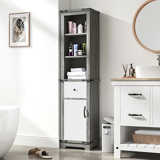 63 Inch Tall Corner Cabinet, Modern Corner Storage Cabinet with Door & Adjustable Shelves & Drawers, Anti-Tipping Free Standing Linen Tower for Bedroom, Bathroom, Kitchen, Pantry (Grey) - ModernBath
