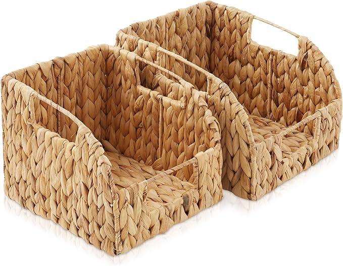 Casafield Set of 2 Water Hyacinth Pantry Baskets with Handles - Natural, Woven Storage Bin Organizers for Kitchen Shelves, Medium and Large Sizes - ModernBath