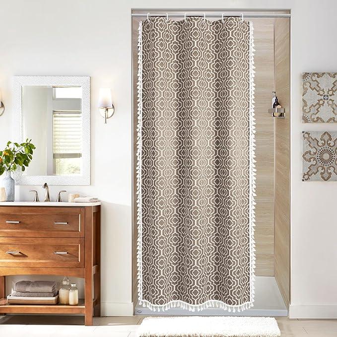 MitoVilla Taupe Boho Small Stall Shower Curtain Set 36 x 72, Bohemia Geometric Half Size Narrow Cotton Fabric Shower Curtains for Farmhouse Bathroom Decor - ModernBath