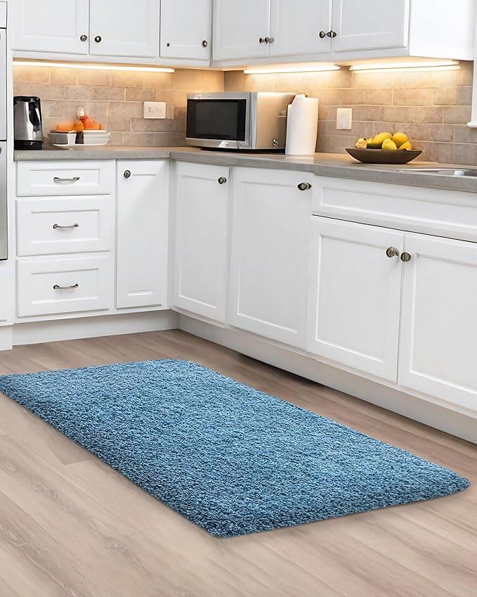 ILANGO Blue Bathroom Rugs 32" × 20" Non Slip & Super Absorbent Extra Thick Soft, Washable Bath Mat for Floor, Microfiber Plush Shaggy Bath Rug with Rubber for Bathtub Shower Room Sink - ModernBath