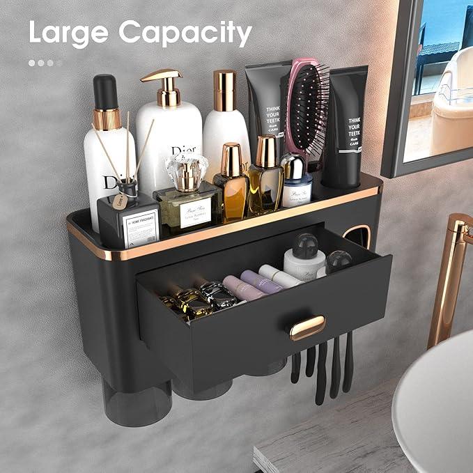 iHave Toothbrush Holders Wall Mounted with Toothpaste Dispenser & 3 Cups - Luxury Black and Gold Design for Bathroom Decor, All-in-One Bathroom Organizers & Storage for Toothbrushes and Accessories - ModernBath