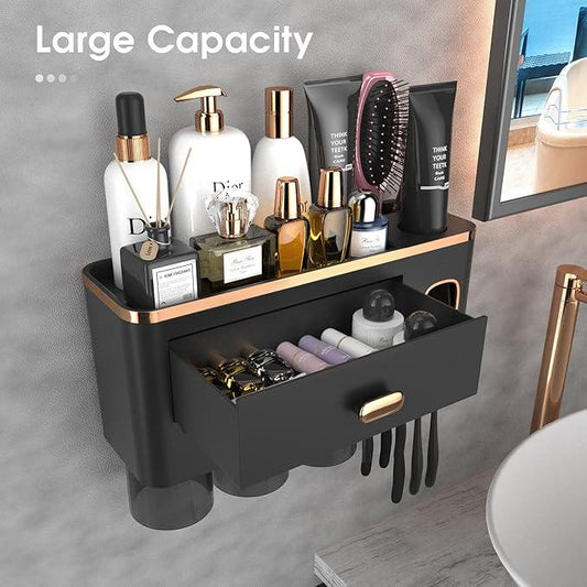 iHave Toothbrush Holders Wall Mounted with Toothpaste Dispenser & 3 Cups - Luxury Black and Gold Design for Bathroom Decor, All-in-One Bathroom Organizers & Storage for Toothbrushes and Accessories - ModernBath
