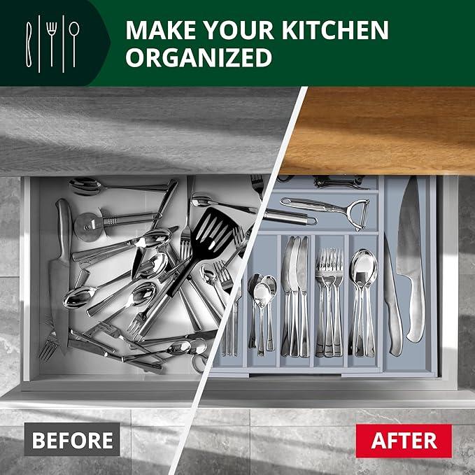 ROYAL CRAFT WOOD Luxury Bamboo Kitchen Drawer Organizer - Silverware Organizer - Utensil Holder and Cutlery Tray with Grooved Drawer Dividers for Flatware and Kitchen Utensils (9 Slot, Gray) - ModernBath