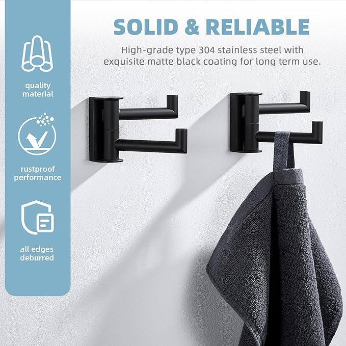 Angle Simple Swivel Towel Hook Matte Black 2 Pack, 304 Stainless Steel Double Robe Hook for Bathroom - ModernBath