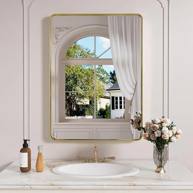 JISOSO Gold Bathroom Mirror, 22x30 Inch Brushed Gold Metal Frame Mirror for Wall, Rounded Rectangle Bathroom Vanity Mirror, Tempered Glass, Anti-Rust, Horizontal/Vertical - ModernBath