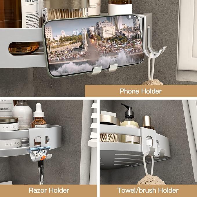 VOLPONE Shower Corner Shelf Caddy 2 Pack shower Organizer No Drill (adhesive mounting, no suction cup) Shower Storage Rust Proof Bathroom Corner Wall Shelf shampoo holder Silver - ModernBath