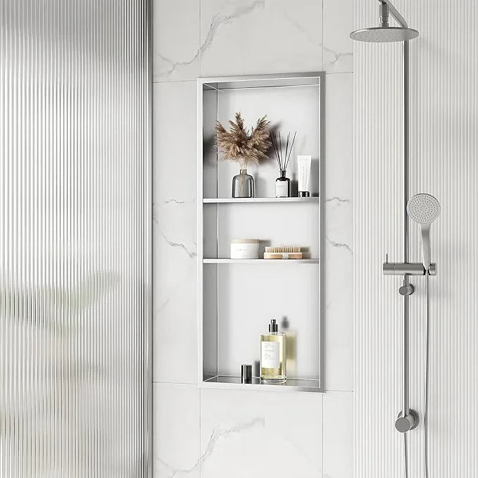 Qeke Stainless Steel Shower Niche 12" X 30", No Tile Needed Wall Niche Three-Tier Shower Niche, Recessed Shower Shelf for Bathroom Storage, Brushed Nickel - ModernBath