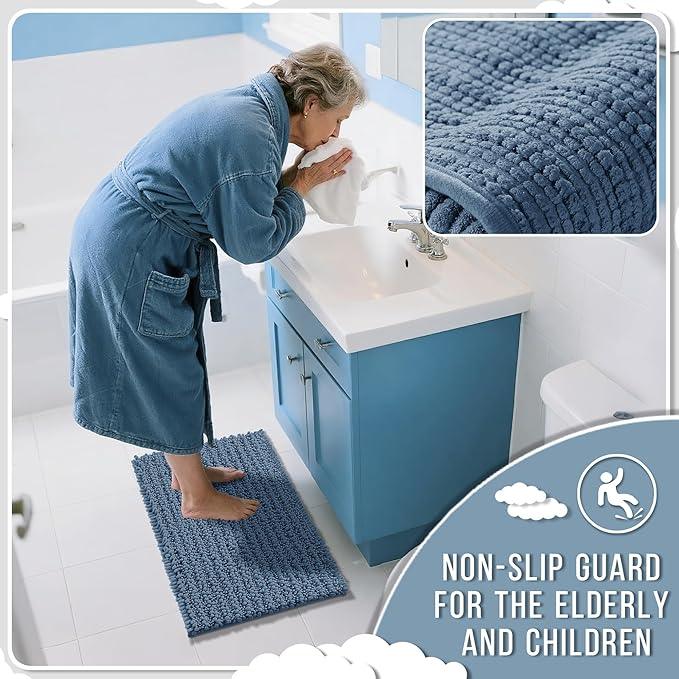 Yimobra Bathroom Runner Rug 55x24 Inch - Extra Long Non Slip Chenille Bath Mat, Soft & Absorbent, Machine Washable Shaggy Hallway Carpet for Vanity Tub Shower, Denim Blue Home Decor Accessories - ModernBath