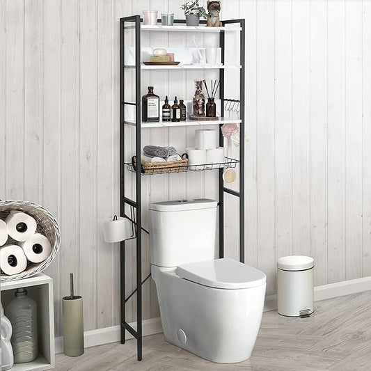 CAPHAUS Over The Toilet Storage, 4-Tier Bathroom Organizer, Freestanding Toilet Shelf, Multifunctional Space Saver Toilet Rack with 4 Hooks, Laundry Organizer, Plant Stand for Balcony (Marble White)