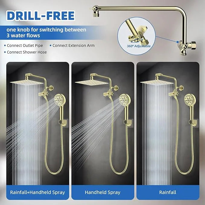 All Metal Shower Head, 10" High Pressure Rainfall/Handheld Shower Combo with 11" Extension Arm, 10-Spray Handheld Showerhead, 71" Long Hose, 3-Way Diverter Valve, Shiny Gold - ModernBath