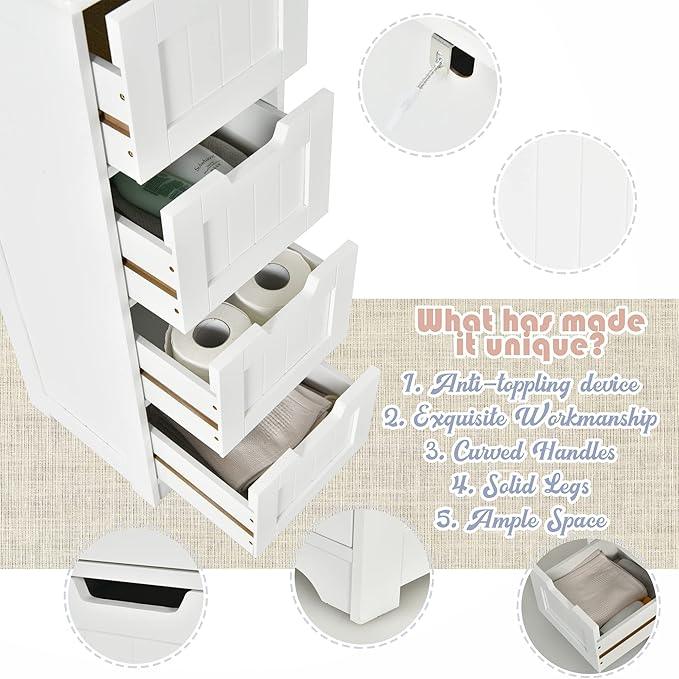 LOKO Floor Storage Cabinet with 4 Drawers, Bathroom Cabinet with Anti-toppling Device, Multifunctional Floor Cabinet for Bathroom, Living Room, Kitchen, 12 x 12 x 32 inches (White) - ModernBath