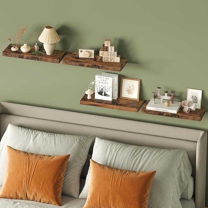 Fixwal 15.8in Wall Shelves, Rustic Wood Finish Floating Shelves Set of 4, Shelves for Wall Decor, with Invisible Brackets for Bathroom, Living Room,Bedroom and Kitchen(Rustic Brown) - ModernBath