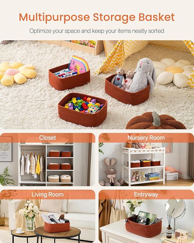 Small Woven Basket, 12 x 8 x 4.5 Inches, Storage Basket for Organizing, Cute Small Rope Shelf Closet Cube Storage Bins Baskets for Shelves, Dog Toy Gift Baskets Empty, 3 Pack Rust Red - ModernBath