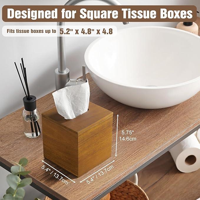 Dreamkey Acacia Wood Tissue Box Cover, Square Tissue Box Holder with Removable Top Lid, Solid Wooden Tissue Box Dispenser for Bathroom, Bedroom, Office - ModernBath
