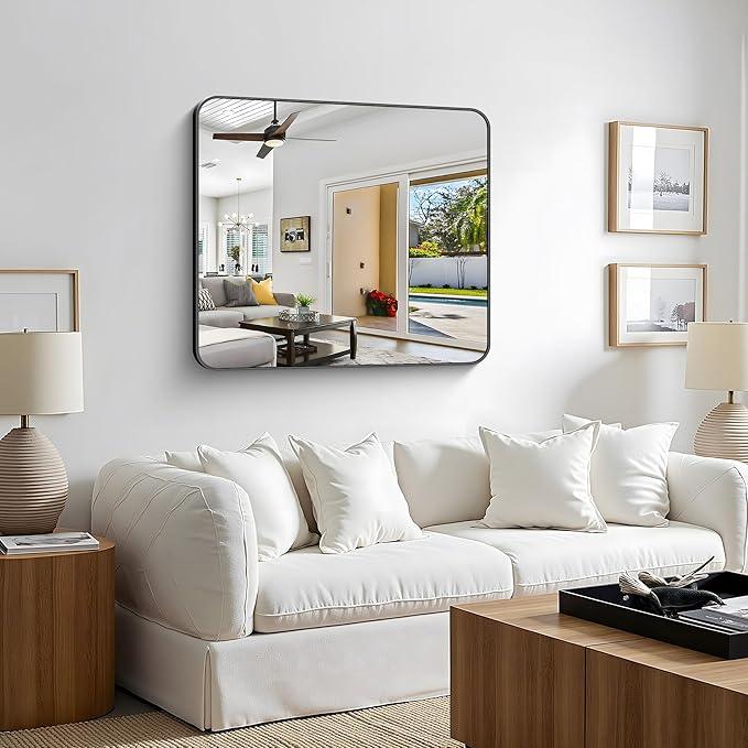 CIVENO Bathroom Mirror, 36 x 30 inch Metal Framed Black Rectangle Mirror, Rounded Corner Rectangular Vanity Mirror, Wall Mounted Mirror for Modern Bedroom Living Room Hangs Horizontal or Vertical - ModernBath