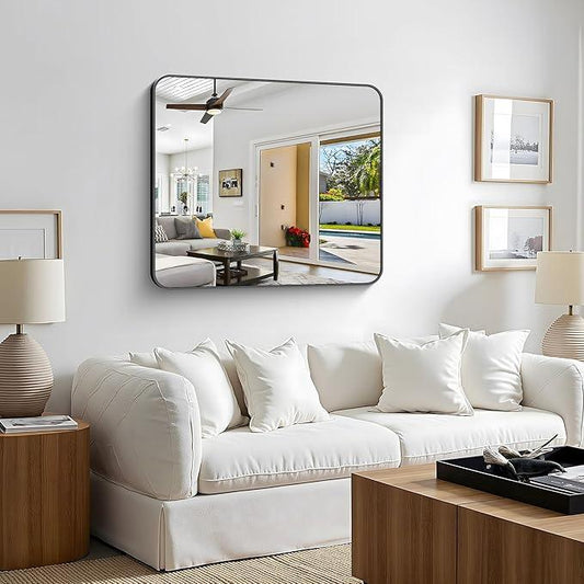CIVENO Bathroom Mirror, 36 x 30 inch Metal Framed Black Rectangle Mirror, Rounded Corner Rectangular Vanity Mirror, Wall Mounted Mirror for Modern Bedroom Living Room Hangs Horizontal or Vertical - ModernBath