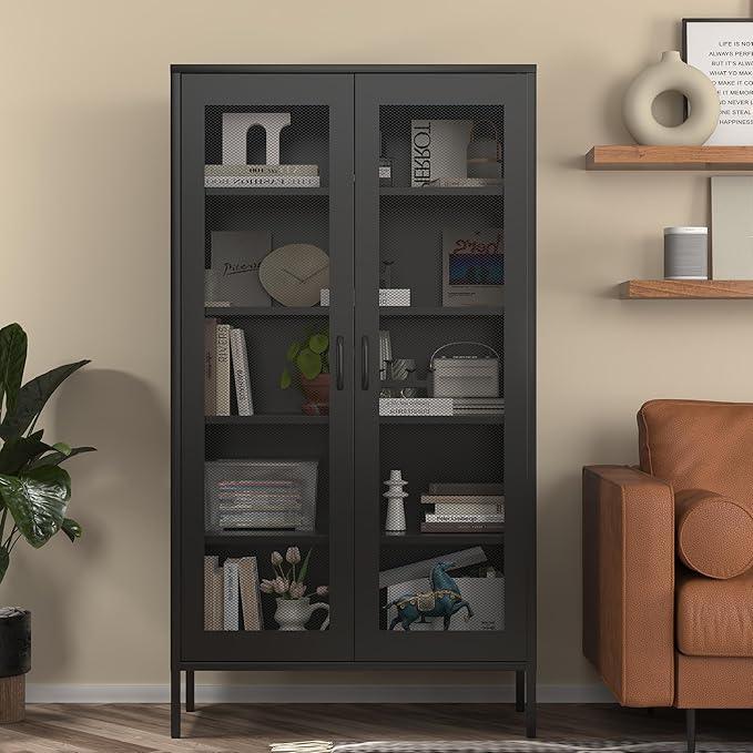 COFaR Modern Mesh Storage Cabinet, Free Standing Tall Pantry, Cupboard Metal Display Cabinet for Living Room, Kitchen, Dining Room - ModernBath