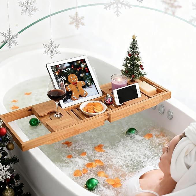 Utoplike Bamboo Bathtub Caddy Tray Bath Tray for Tub, Adjustable Bathroom Bathtub Organizer with Book Tablet Wine Glass Cup Towel Holder - ModernBath