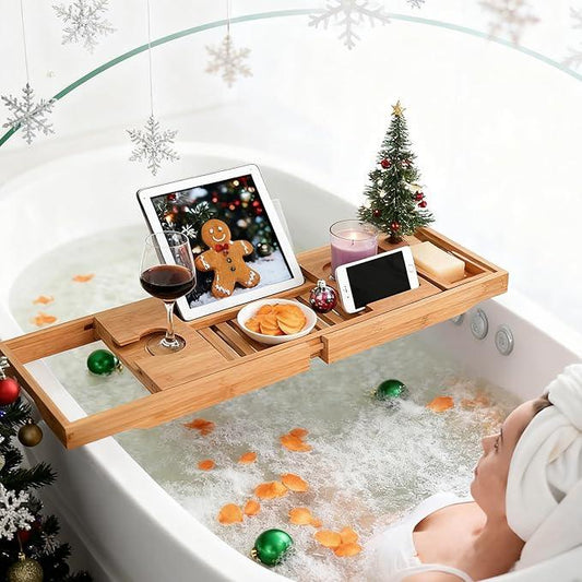 Utoplike Bamboo Bathtub Caddy Tray Bath Tray for Tub, Adjustable Bathroom Bathtub Organizer with Book Tablet Wine Glass Cup Towel Holder - ModernBath