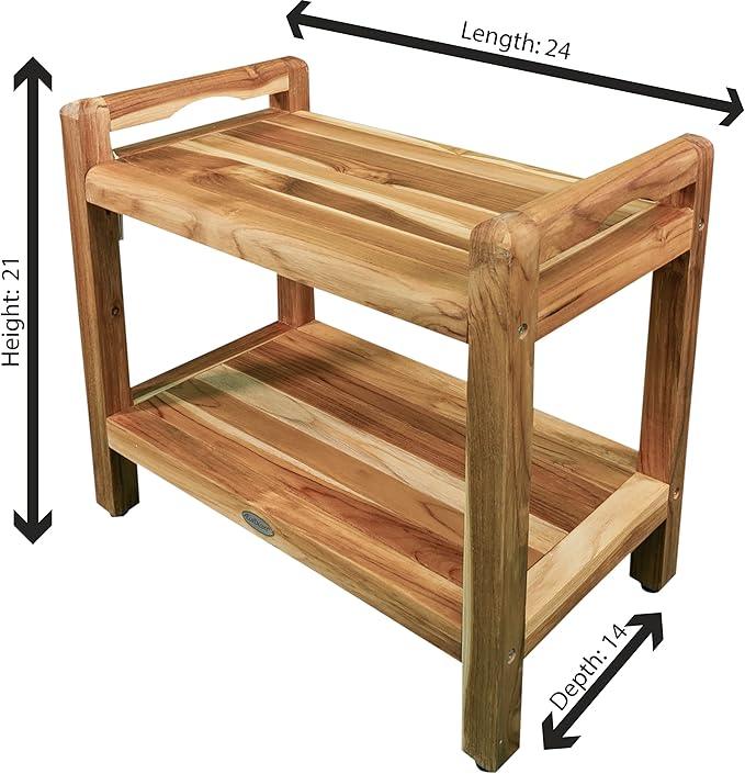 EcoDecors Eleganto 24 Inch Natural Color Waterproof Teak Wood Shower Bench Stool Seat Chair For Inside Shower Provides Safety, Storage, and Organization For Bathroom Accessories - ModernBath