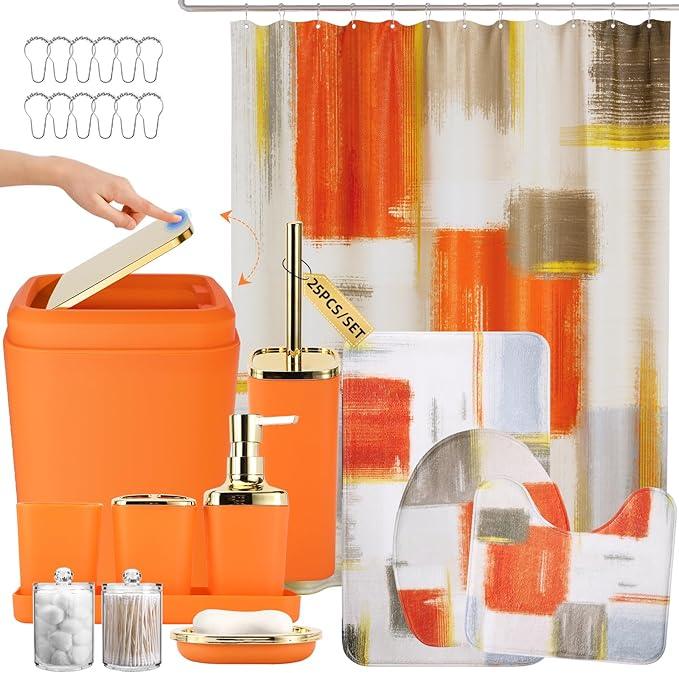 XLHOMO Bathroom Accessories Set - 25PC Bathroom Set with Shower Curtain and Rugs, Orange Bathroom Set, Bathroom Accessory Set with Press-on Lid Trash Can, Soap Dispenser and Qtip Holders - ModernBath