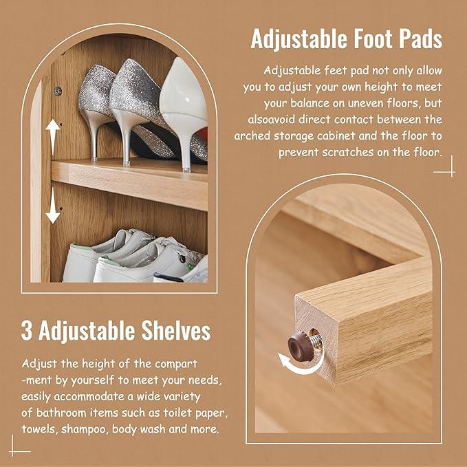 71" Tall Arched Bathroom Storage Cabinet, 7-Tier Modern Farmhouse Storage Cabinet with Adjustable Shelves, Wood Freestanding Cabinet for Bathroom, Living Room, Entryway, Hallway (Natural) - ModernBath