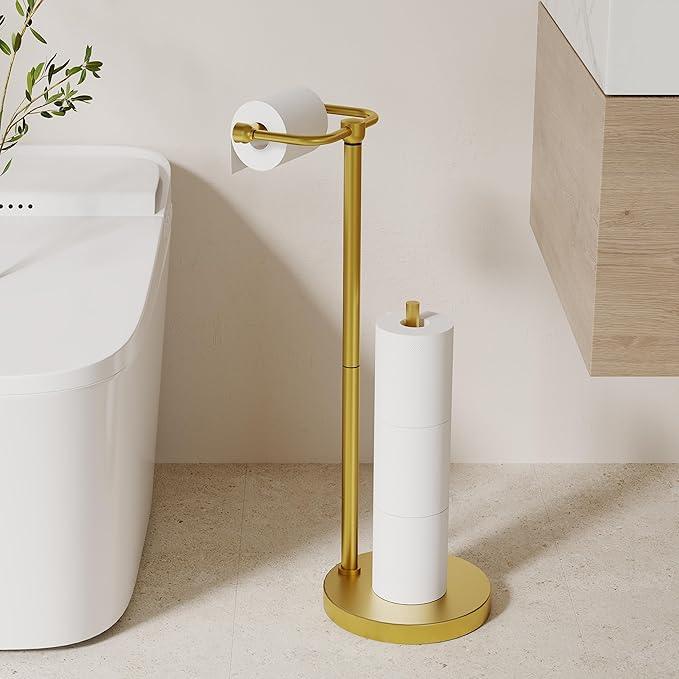 Toilet Paper Holder Stand, Modern Bathroom Free Standing Toilet Paper Holder with Storage for 4 Rolls, Post Pivoting Toilet Paper Stand Stainless Steel Tissue Rack, Heavy Stable Base(Brushed Gold) - ModernBath
