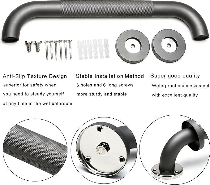 Rackickyer Shower Grab Bar, 2 Pack 24 Inch Gray Bathroom Grab Bar, 1.25" Diameter 304 Stainless Steel Anti-Slip Grab Bars for Bathtubs and Showers, Handicap Shower Grab Bar for Seniors Elderly - ModernBath