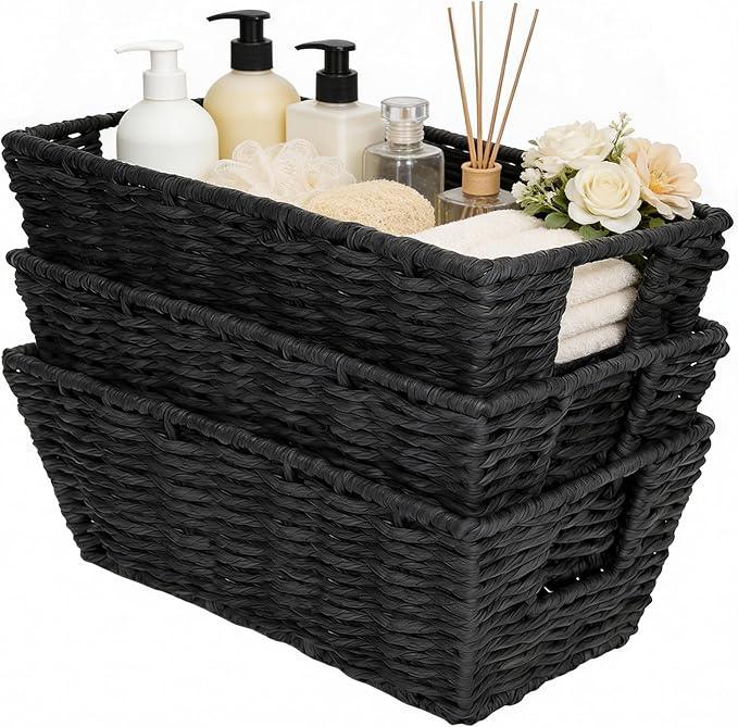 Paper Rope Storage Baskets for Shelves Organizing, Small Hand Woven Wicker Organizer Basket with Handle for Bathroom Toilet Paper Storage, Black, 3-Pack - ModernBath