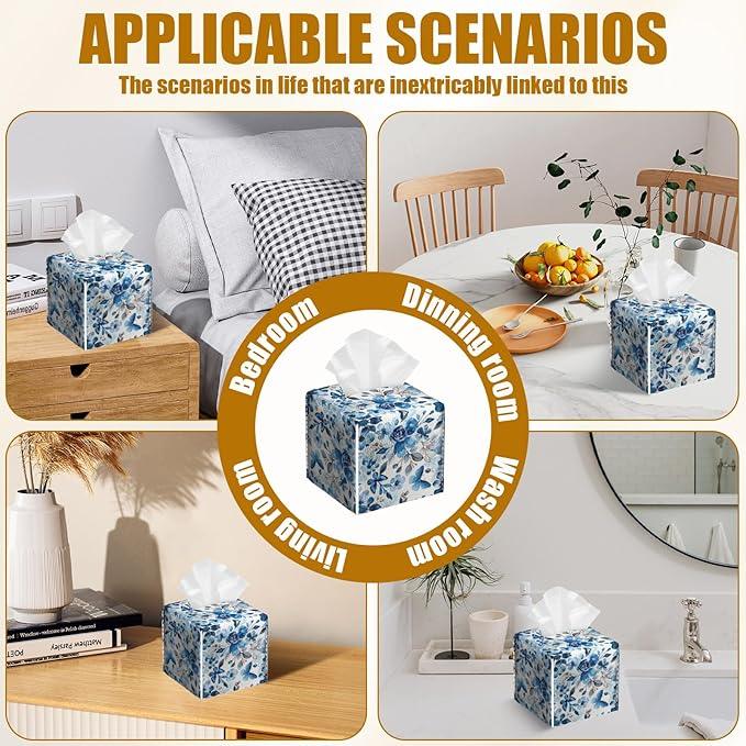 Blue Flower Tissue Box Cover 2PCS, Leather Tissue Box Holder Square Facial Paper Case Tissue Box Cube Organizer for Bathroom Bedroom Desk Office - ModernBath
