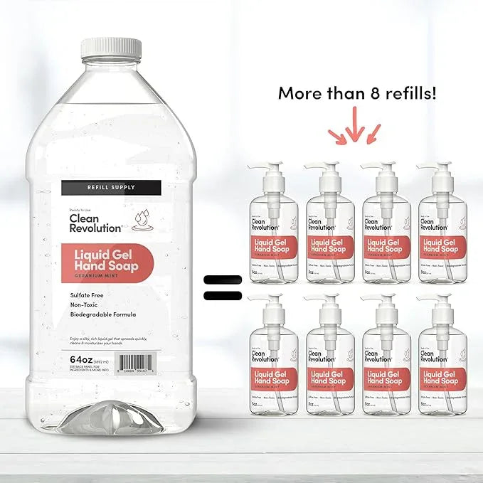 Clean Revolution Liquid Gel Hand Soap, Silky Rich Liquid, Quick Lather, Fast Rinsing, Contains Real Essential Oils (Geranium Mint) 64 Fl Oz - ModernBath
