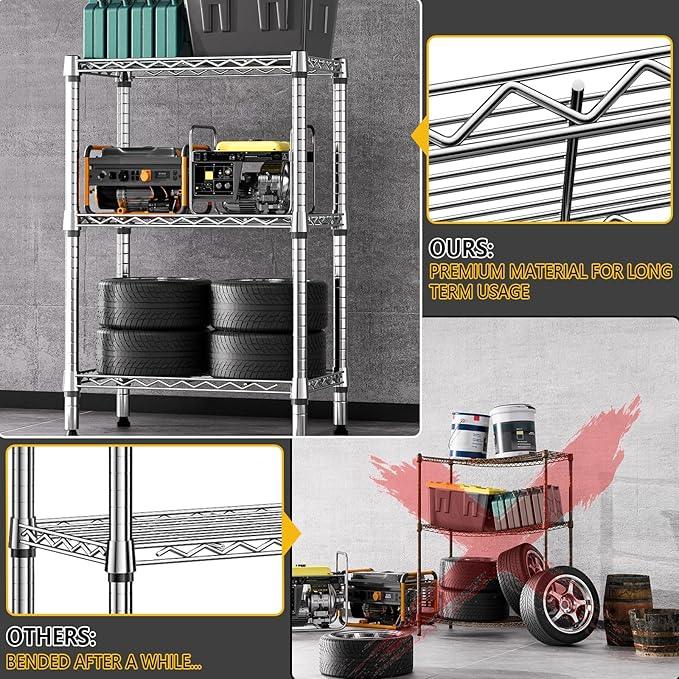 750 lbs 3 Tier Shelf Metal Storage Shelves Shelving Wire Rack Heavy Duty Closet Organizers for Garage Kitchen Bathroom Laundry Chrome 13.8" D x 23.6" W x 35.5" H - ModernBath